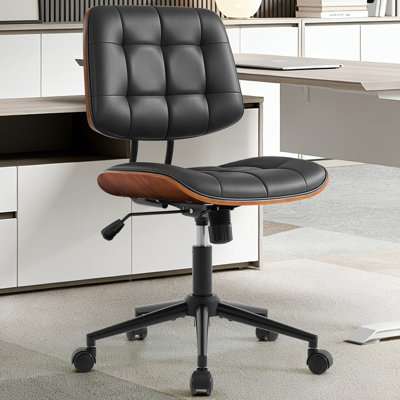 Home Office Desk Chair Armless Small Office Chair with Wheels | Modern Walnut Adjustable Back, No Arms, 360 Swivel, Adjustable Seat Height, for Office