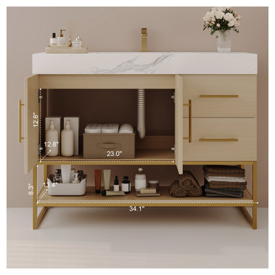 Meuble-lavabo moderne de 36 po avec plateau en pierre frittée, lavabo en céramique sans couture et meuble autoportant à décor doré