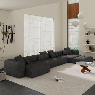 Kay Crumley 5-Piece Upholstered Boneless Modern Linen Fabric Sectional Sofa With Ottoman