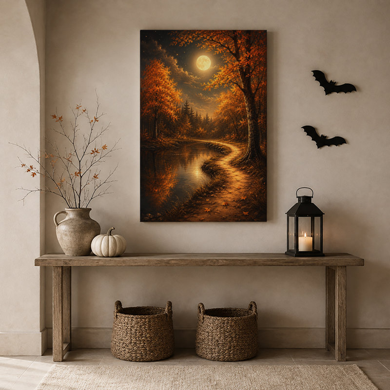 «Glowing Autumn Trees long Winding River Path Halloween», art mural sur toile, H 36 po x l 24 po