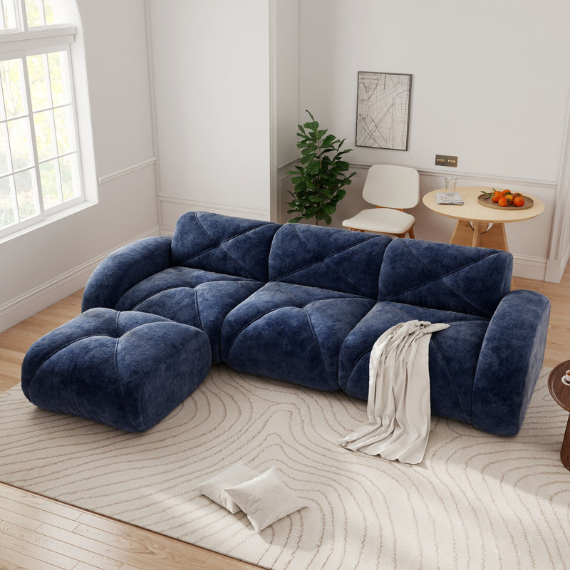 110.9" Upholstered L-Shaped Boneless Sectional With Ottoman, Blue Velvet