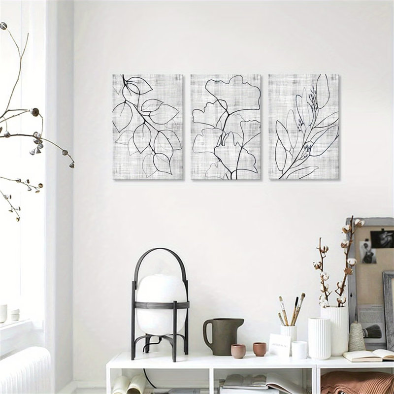 Abstrait noir, blanc et gris, plante, feuille, contour, art mural de style minimaliste moderne, 20 * 30 pouces * 3