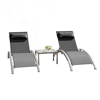 Ensemble de 3 chaises longues en aluminium durables avec table, conception ergonomique et 5 positions réglables