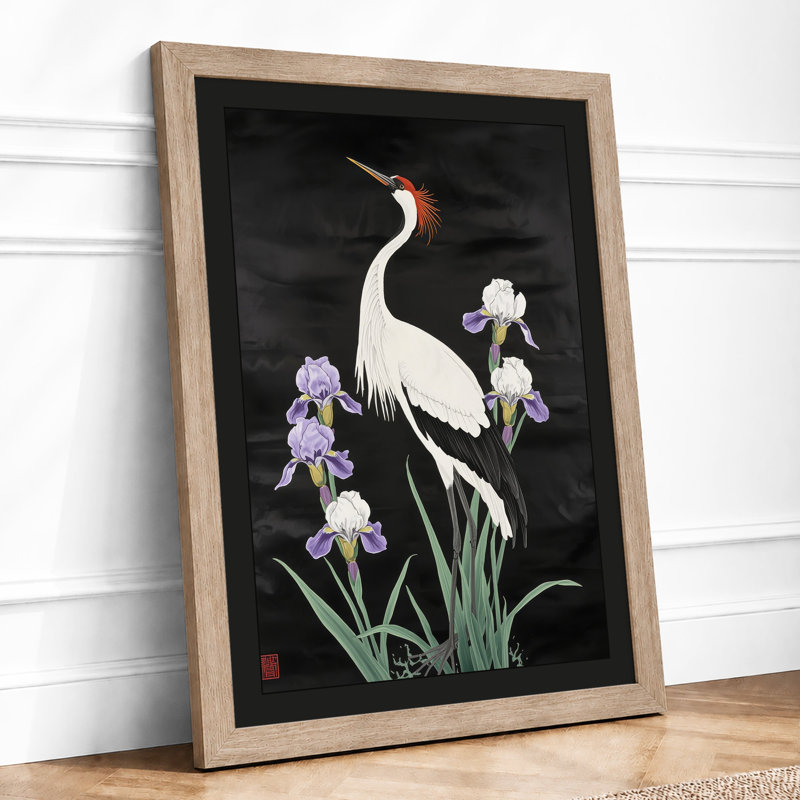 Crane Among Irises Japandi - Framed Print, A1 - 84.1 x 59.4 cm, Oak