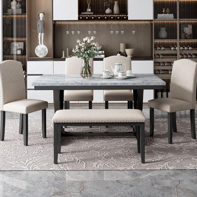 Table de salle à manger 6 pièces avec 4 chaises et 1 banc, table avec placages en marbre