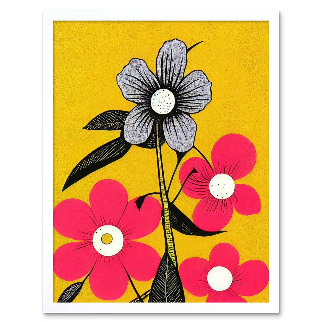 Bold Flowers Linocut Pink Mustard Yellow - Print