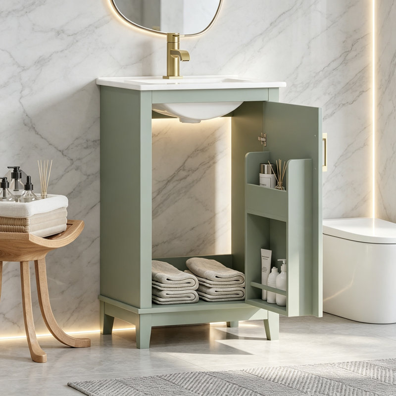 Meuble-lavabo compact compact de 20 pouces avec lavabo en céramique et grand rangement, porte à fermeture douce pour les petits espaces