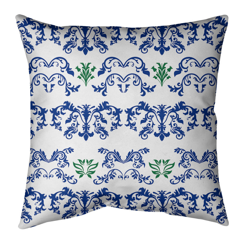 Housse de coussin Seattle Baroque, Croisé en coton, 14 po x 14 po, Blanc / bleu marine / vert
