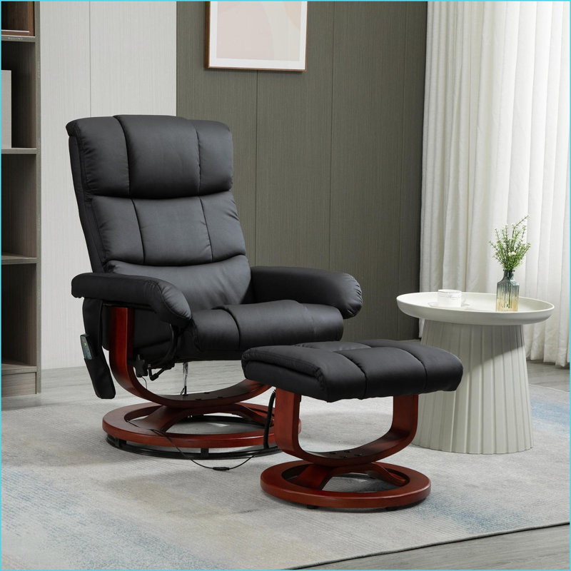 Fauteuils inclinables avec repose-pieds, fauteuil inclinable de massage en similicuir HOMcom - pivotant à 360 °, 10 points de vibration, télécommande | Noir | Acier