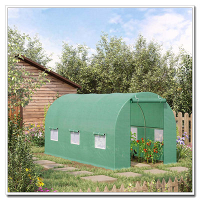 Outsunny 15' x 6' x 7' Walk-in Tunnel Greenhouse Garden Plant Growing House with Door and Ventilation Window, Green