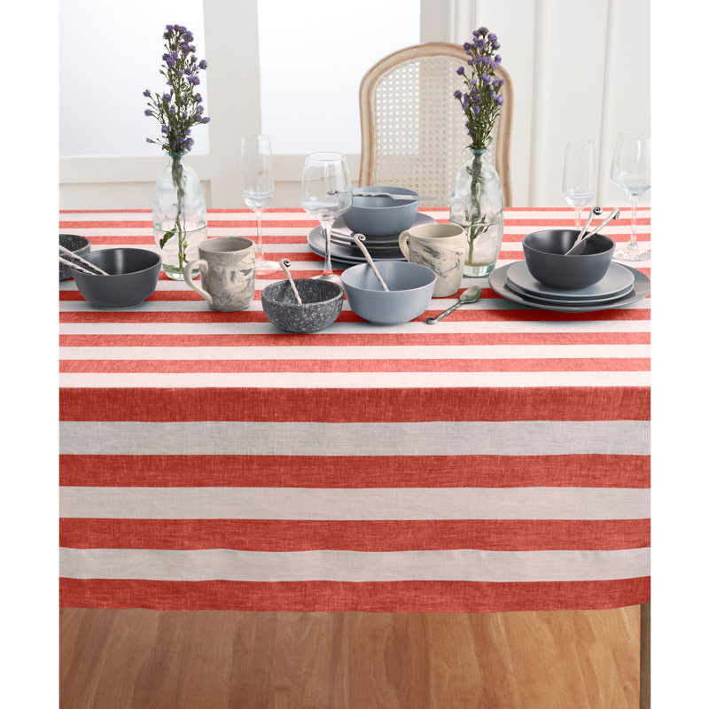 Cabana Stripe - 100% Pure Linen Tablecloth, 120" x 60", Red/White