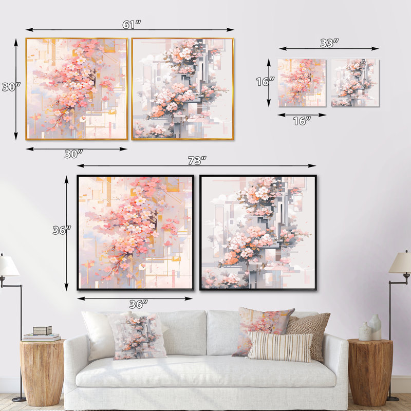 Contemporary Cherry Blossom Bold Stripes - Ensemble de 2 carrés de fleurs de cerisier, Cadre flottant noir, H 16 po x l 33 po