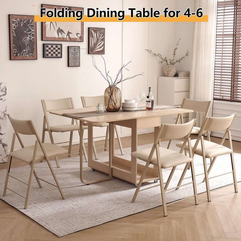 Folding Dining Table with Lockable Wheels & Storage (One Table), One Dining Table, Wood