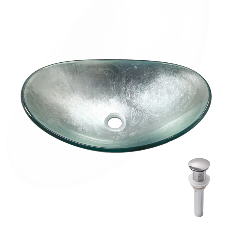 Lavabo de salle de bain en verre trempé argenté avec bonde escamotable chromée, lavabo de salle de bain en forme de bateau argenté au-dessus du comptoir (sans robinet)