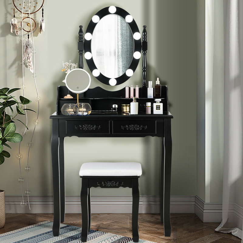 Ensemble coiffeuse en bois massif avec tabouret et miroir, Noir