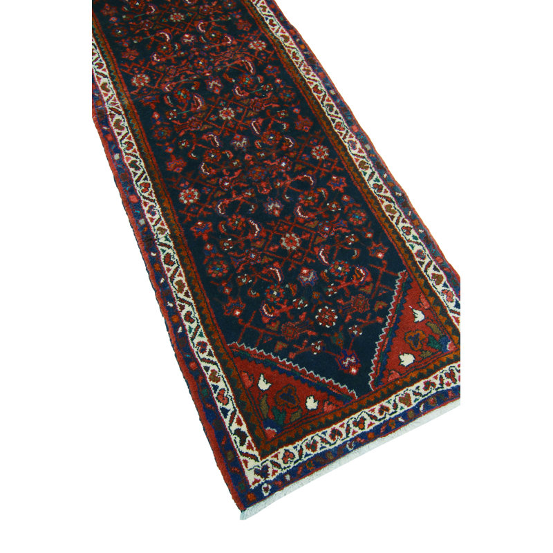 Tapis de couloir Adiba vintage fait à la main - bleu marine - ivoire, 2 pi 7 po x 9 pi 5 po
