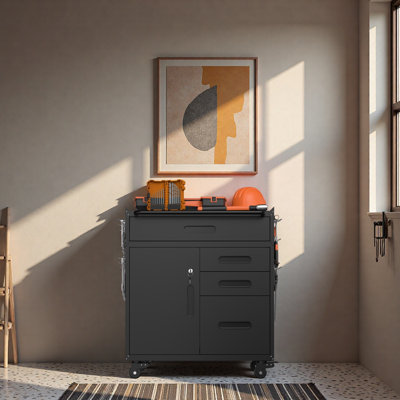 34.3" Mobile Tool Storage Cabinet - Garage Organizer With Lockable Compartment & 4 Drawers