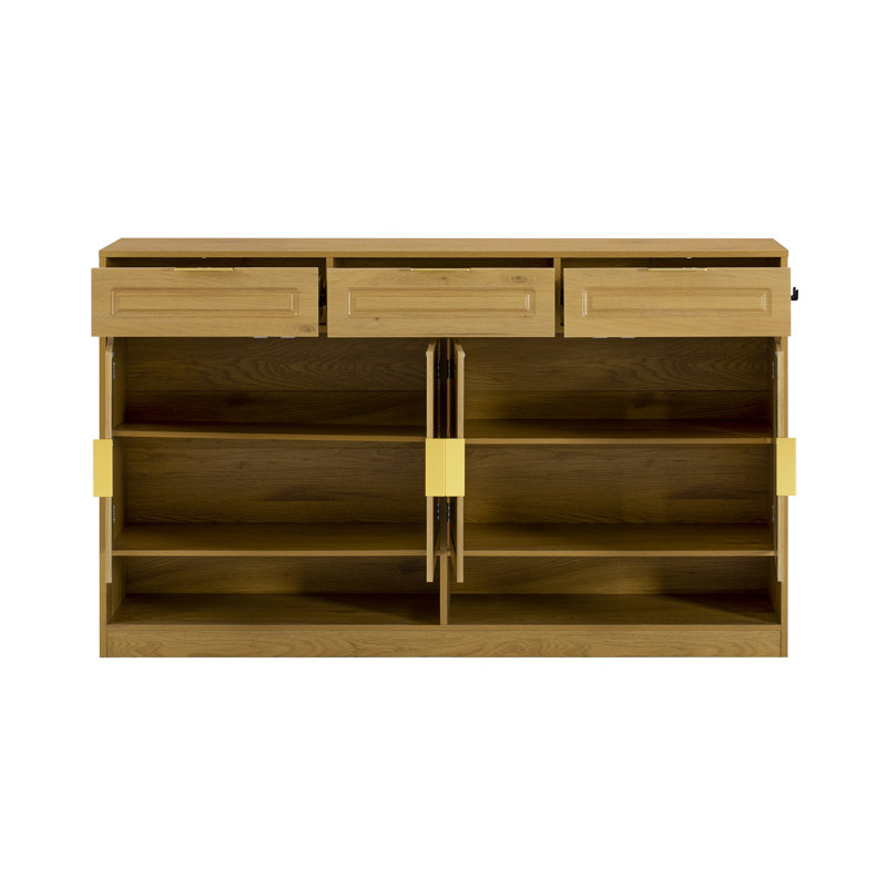 Buffet Farmhouse avec 3 tiroirs et 4 portes, buffet de rangement multifonctionnel de 59,1 po avec tablette réglable et compartiments de rangement ouverts, convenant à la salle à manger, au salon et à l'entrée.