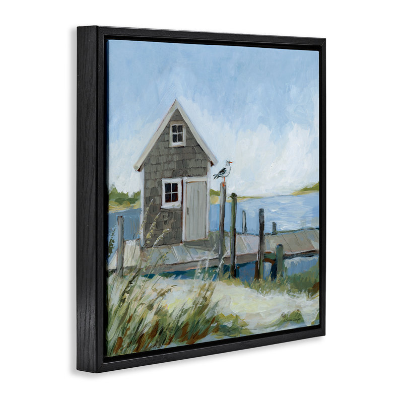 «Scénic Boat House View Floater», art mural par Susan Winget, H 18 po x l 18 po, Cadre flottant noir de jais