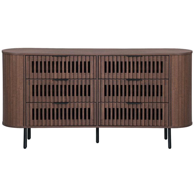 Commode Mid-Century moderne en bois avec design à lattes et 6 tiroirs, idéale pour le salon, la chambre à coucher et le couloir