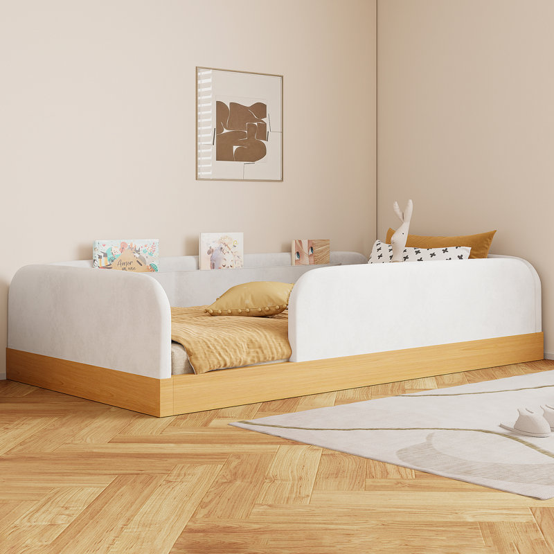 Lit plateforme simple tapissier pour enfants avec garde-corps et sacs de rangement - lit amusant pour garçons et filles, naturel
