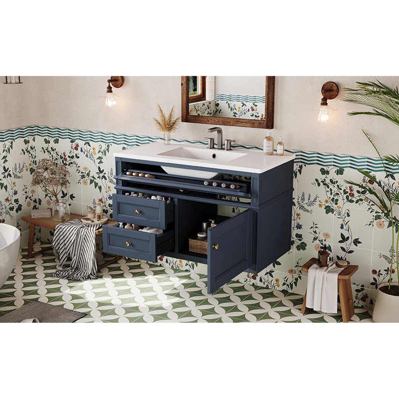 Meuble-lavabo mural 36 po, armoire de rangement flottante avec 2 tiroirs, 1 tiroir basculant, lavabo simple en céramique à 3 trous, armoire moderne, meuble-lavabo moderne