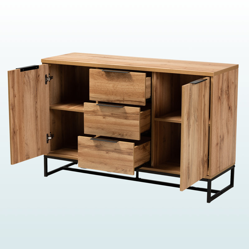 Remark 3-Drawer Oak Finished Wood and Black Metal Sideboard Buffet, 30.91" H X 47.03" W X 15.49" D