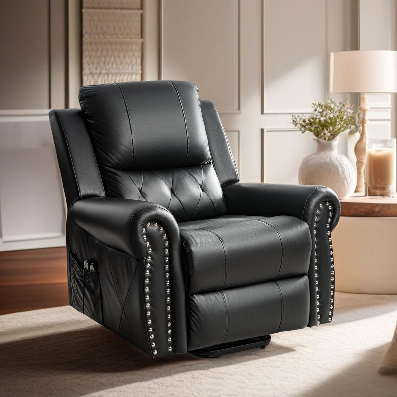 Fauteuil inclinable surdimensionné en cuir Air Lift avec repose-pieds, Noir