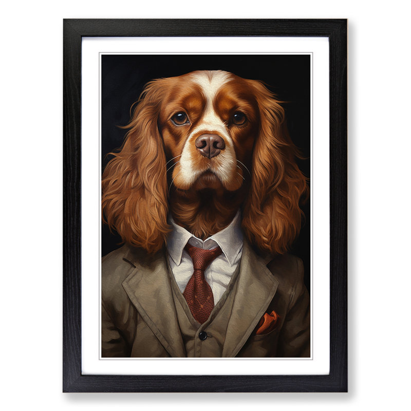 Cavalier King Charles Spaniel In A Suit Painting No.4 - Single Picture Frame Print on Wood, 64cm H x 46cm W x 2cm D