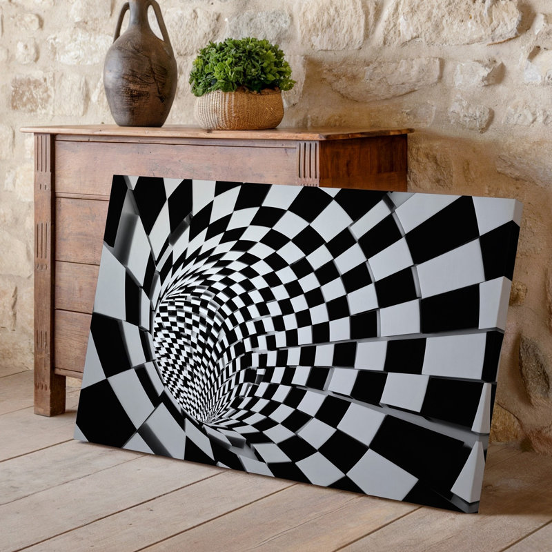 Toile, un tunnel hypnotisant composé de motifs alternatifs en damier noir et blanc créant un sentiment de profondeur et de mouvement