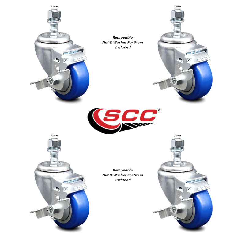 Ensemble de roulettes à tige filetée pivotante de 3,5 po en polyuréthane de 12 mm avec frein, Bleu