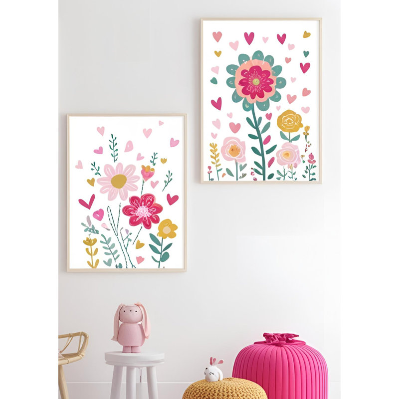 Wall Art Prints A4 – Floral & Heart Designs | Cute Kids Room Decor - Set Of 2