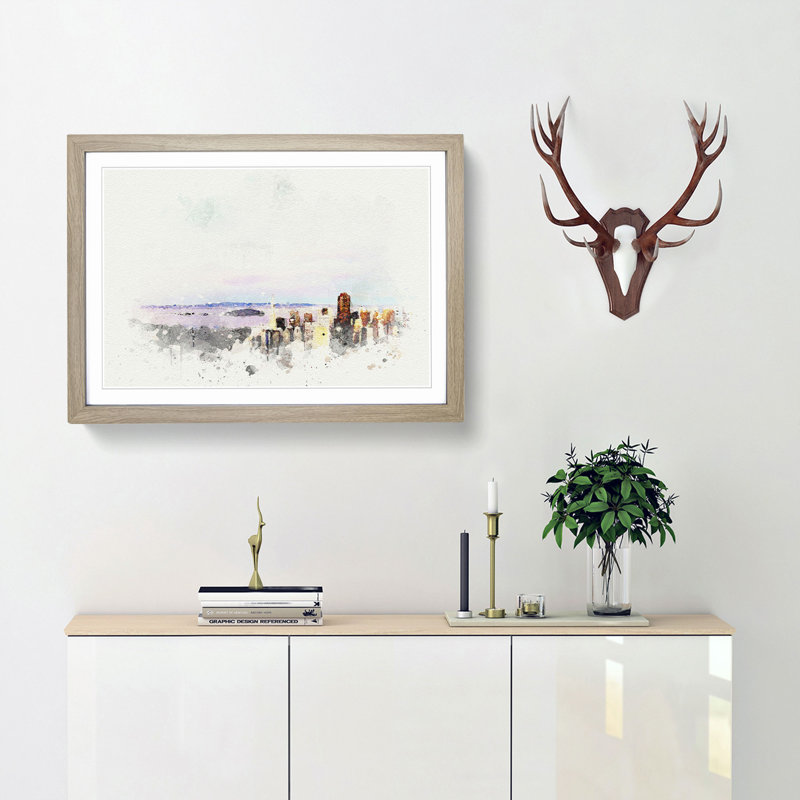 San Francisco Under a Pink Sky in Abstract - Picture Frame Graphic Art Print, Oak, 50cm H x 76cm W x 2cm D