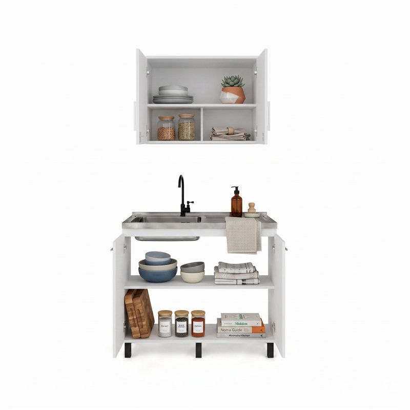Ensemble d'armoires de cuisine en bois manufacturé moderne Alabama avec base d'évier et armoire murale, blanc, Blanc