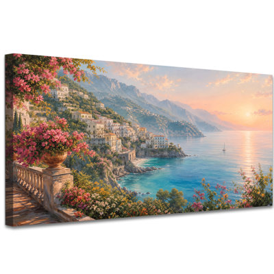 Art mural sur toile Amalfi Coast, avec un doux soleil de corail sur une eau bleue lumineuse, un calme romantique méditerranéen pour la chambre à coucher, une galerie tendue et prête à être suspendue, 48 po x 24 po