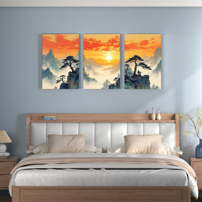 Paysage de montagne au coucher du soleil, reproduction d'art sur toile tendue sur toile (ensemble de 3)