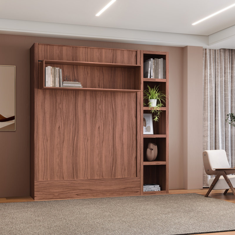 Easy-Lift Murphy Wall Bed with Bookshelf, Brown, Full/Double