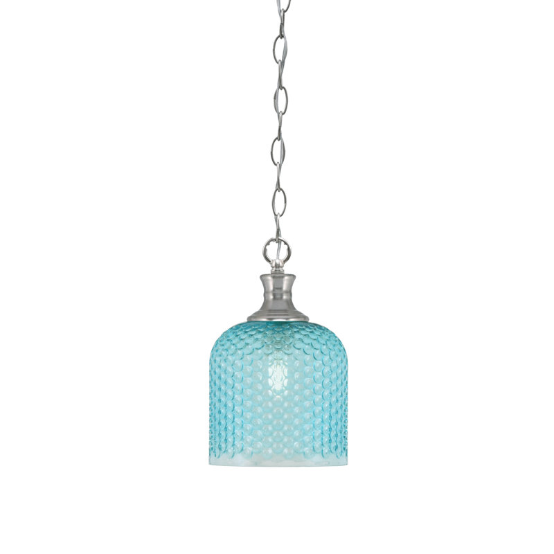 Quapaw Chain Hung Pendant Shown With 7" Turquoise Textured Glass, Brushed Nickel