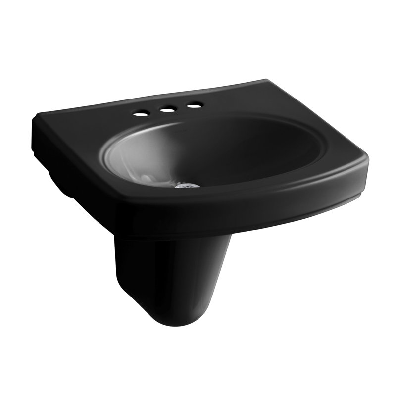 Pinoir Vitreous China U-Shaped Semi-Pedestal Bathroom Sink with Overflow, Black, 8" Centers