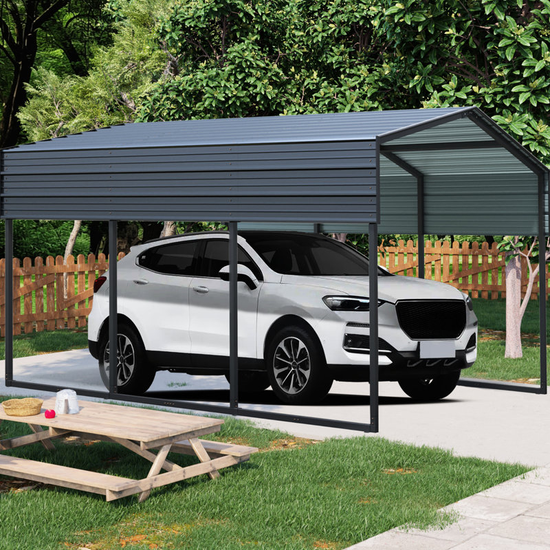 Garage extérieur en métal avec toit en acier galvanisé - 10 x 15 pi, abri d'auto robuste pour le rangement de véhicules et d'outils
