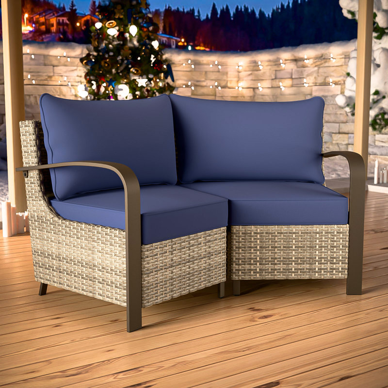 2-Piece Patio Wicker Sectional Seating Group Sofa, Metal Curved Armrest, Blue