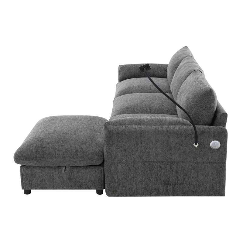Canapé modulaire en L 96,5 po en chenille avec repose-pieds, accoudoirs éléphants, chargeur USB, support pour téléphone et poches latérales, canapé convertible confortable pour le salon, un appartement et un petit espace