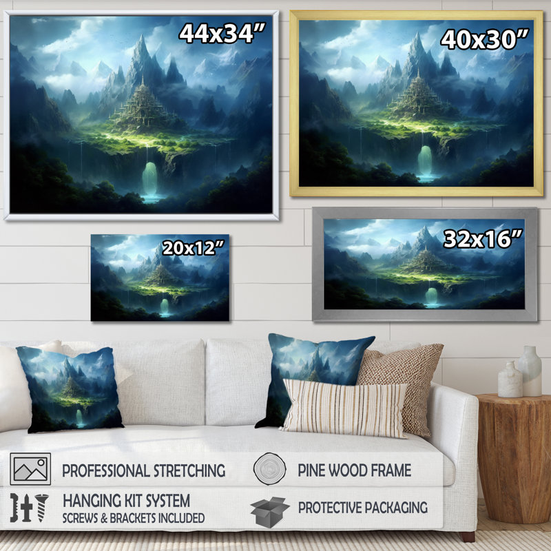 Château de conte de fées V sur toile, H 34 po x l 44 po x P 1,5 po, Cadre flottant noir