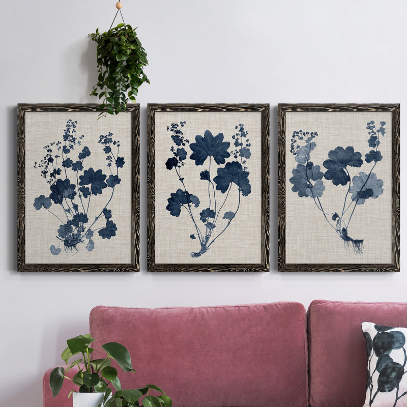 Bleu marine et feuilles de lin II - ensemble de 3 peintures sur toile encadrées, H 100 po x l 31,5 po x P 1 po