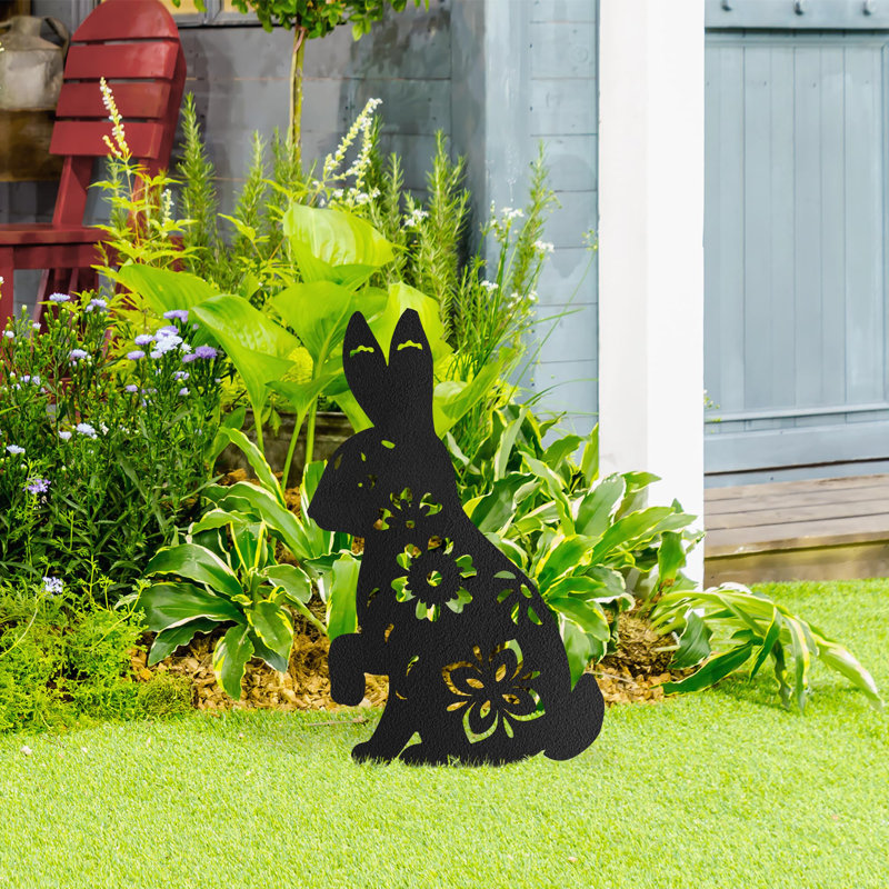 Statues de silhouette de jardin en métal Floral Bunny, H 20 po x l 19,23 po x P 0,05 po, Noir