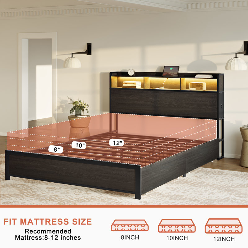Antioch Bed Frame with 2 Underbed Drawers & 2 Bedside Drawers, Modern Bed with Charging Station & LED Light