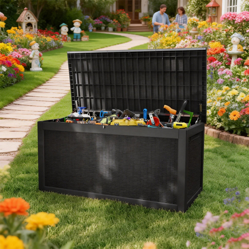 260 Gallon Outdoor Storage Box – Weather-Resistant Rattan-Style Resin Deck Box, Black