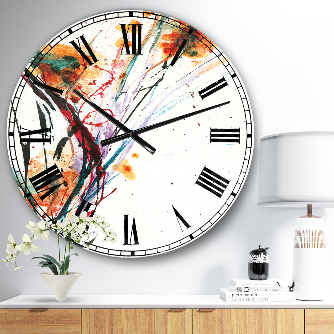 Abstract Handpainted Orange Flowers - Traditional wall clock Ivy Bronx 