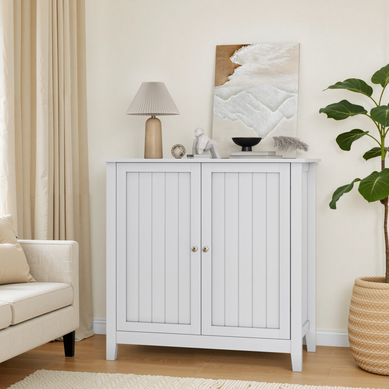 Mid - Century Modern White Freestanding Buffet Cabinet With Silver , Ideal For Multiple Rooms And Providing Ample Hidden Storage Double Door Style Living Room, Kitchen, Bathroom Hallway, Offering