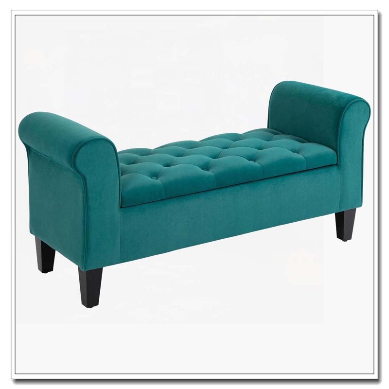 Banc de rangement capitonné à boutons avec accoudoirs roulés, Vert